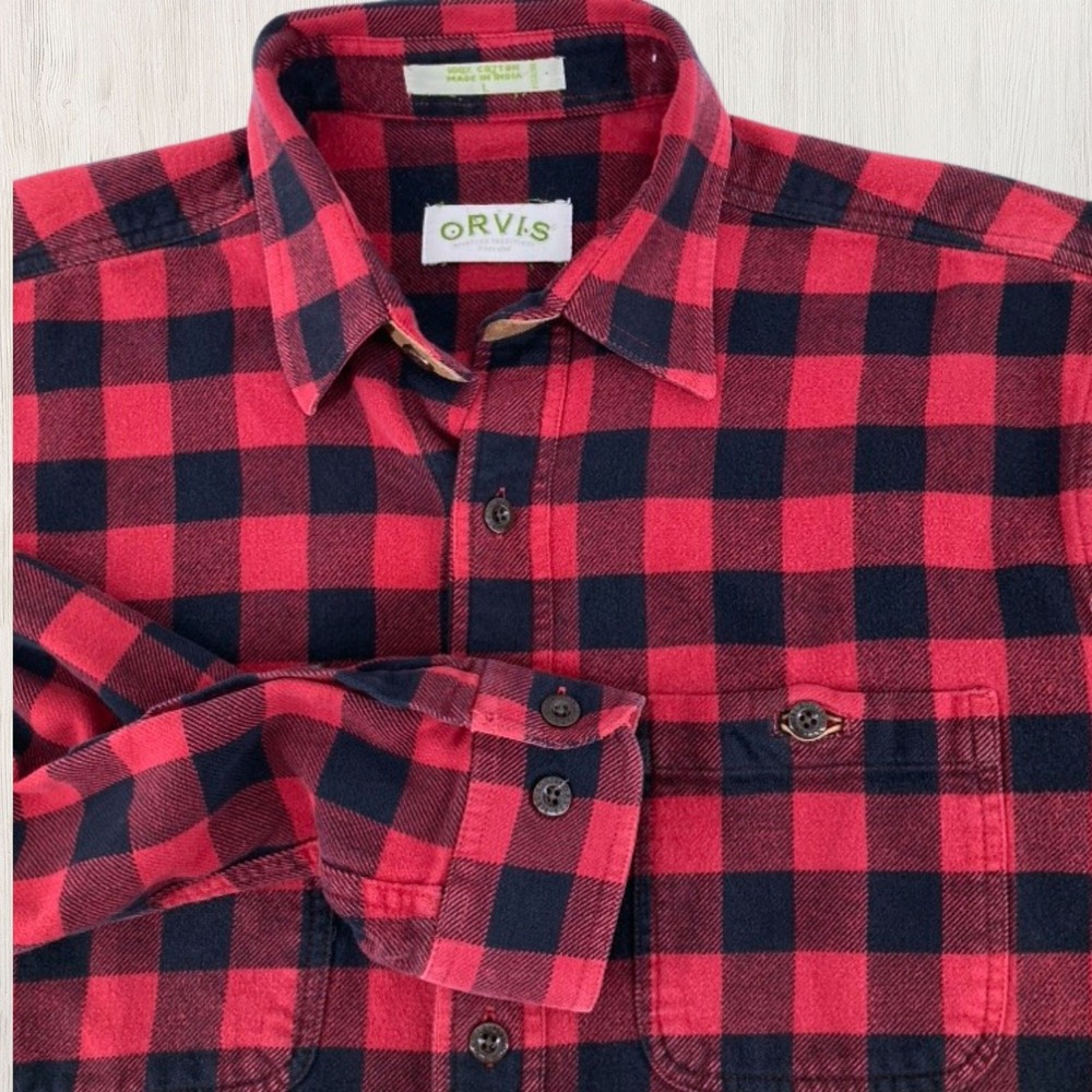 Orvis Men L Red Black Buffalo Plaid Flannel Shirt Long Sleeve Cotton Outdoor